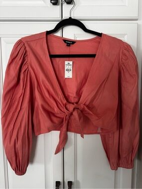 Express Coral Tie-Front Puff Sleeve Blouse